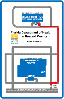 Map to Vital Statistics – Click to view a full PDF of this image – Enter through the west entrance to the Florida Department of Health in Brevard County's Viera Campus. Take an immediate right and follow the road to the west and then south toward the second building on the south side of the campus (2565 Judge Fran Jamieson Way, Viera, FL 32940). Follow the road toward the south until it turns back east. Enter through the lobby of the rear (southern-most) building on the campus.
