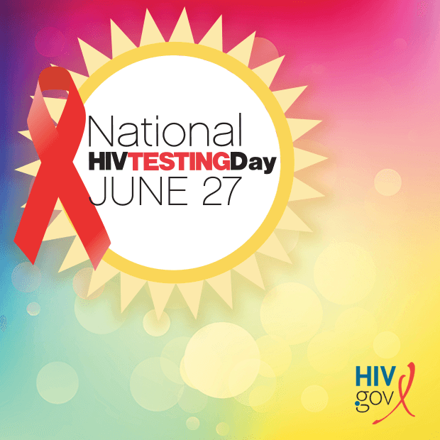 National HIV Testing Day June 27 logo (sun and HIV awareness ribbon with bubble background) - https://www.hiv.gov/events/awareness-days/hiv-testing-day